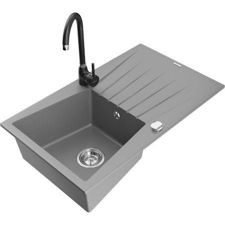 Mexen Cesar Granitspüle 1-becken mit Abtropffläche und Küchenarmatur Telma, grau - 6514-71-670200-70