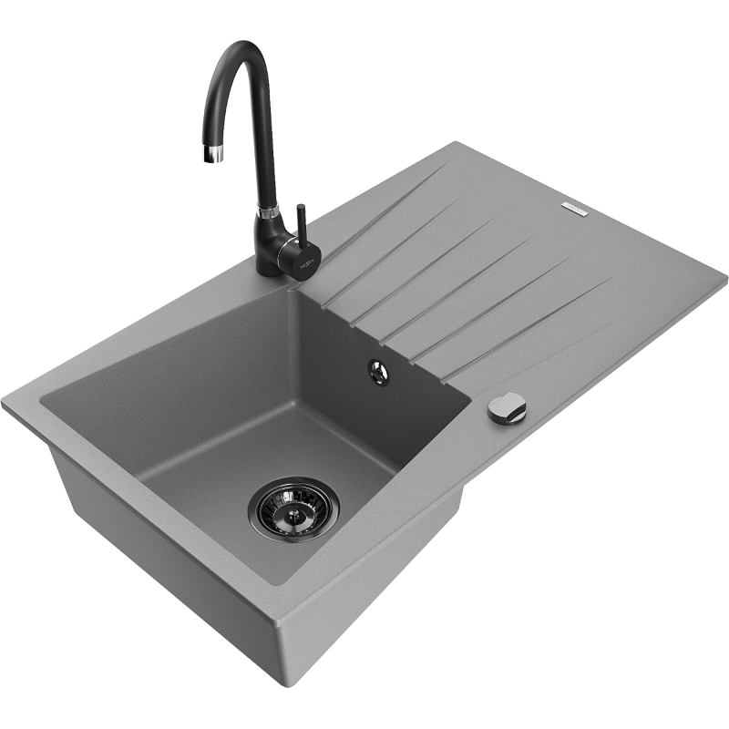 Mexen Cesar fregadero de granito de 1 cuenco con escurridor y grifo de cocina Telma, gris - 6514-71-670200-70-B
