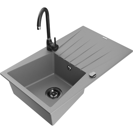 Mexen Cesar évier en granit 1 bac avec égouttoir et robinet de cuisine Telma, gris - 6514-71-670200-70-B