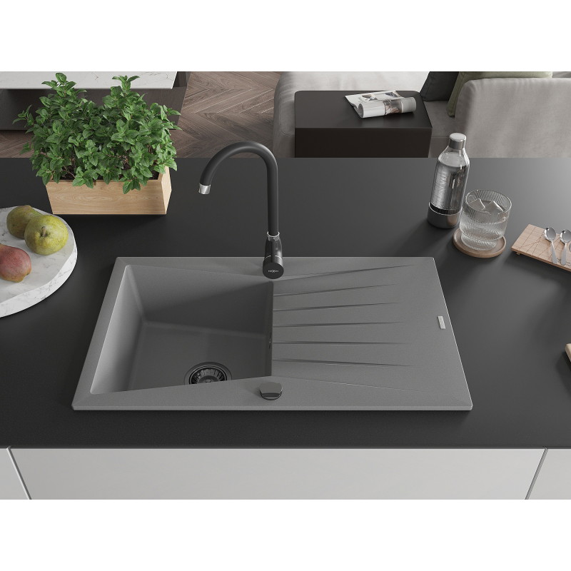 Mexen Cesar fregadero de granito de 1 seno con escurridor y grifo de cocina Telma, gris - 6514-71-670200-70-B