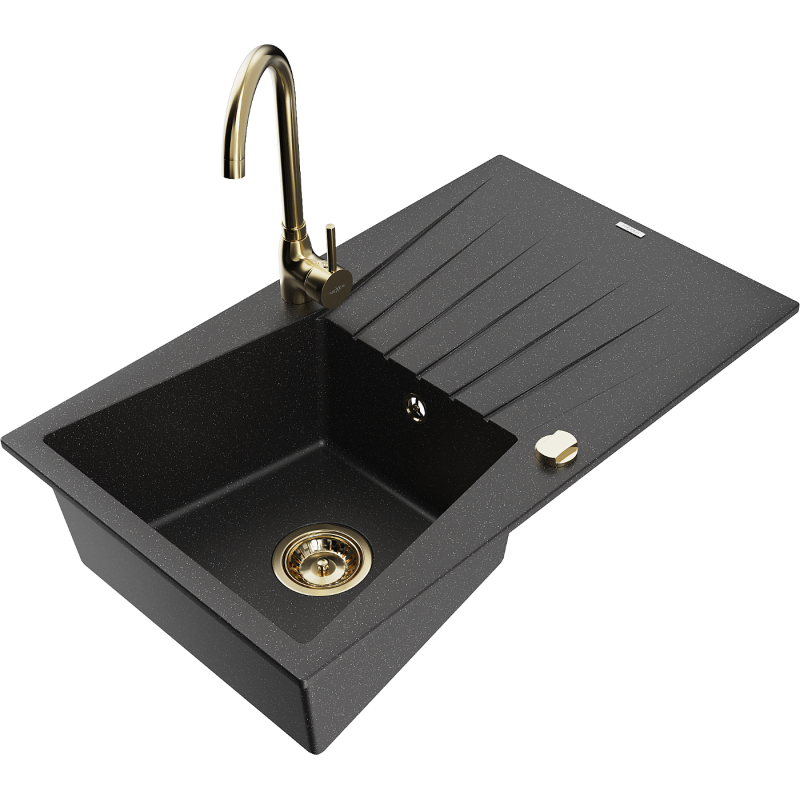 Mexen Cesar granite sink 1-bowl with drainer and Telma kitchen tap, black/silver - 6514-73-670200-50