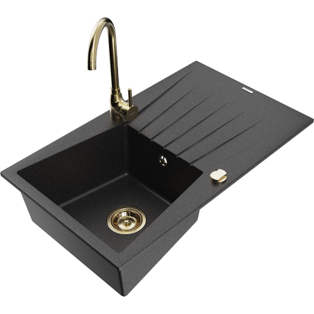 Mexen Cesar granite sink 1-bowl with drainer and Telma kitchen tap, black/silver - 6514-73-670200-50