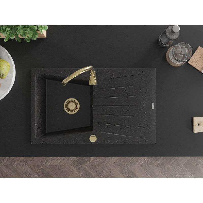 Mexen Cesar granite sink 1-bowl with drainer and Telma kitchen tap, black/silver - 6514-73-670200-50