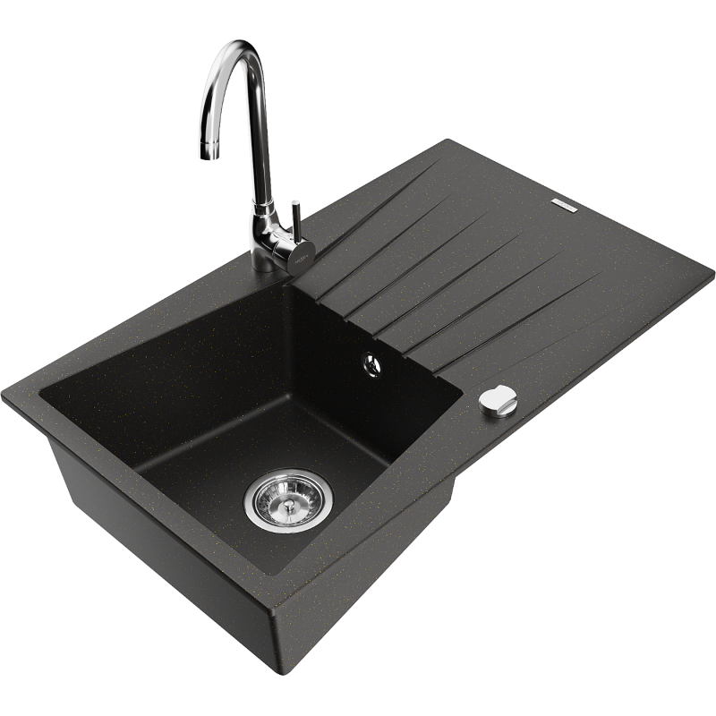 Mexen Cesar évier en granit 1 bac avec égouttoir et robinet de cuisine Telma, noir/or - 6514-75-670200-00