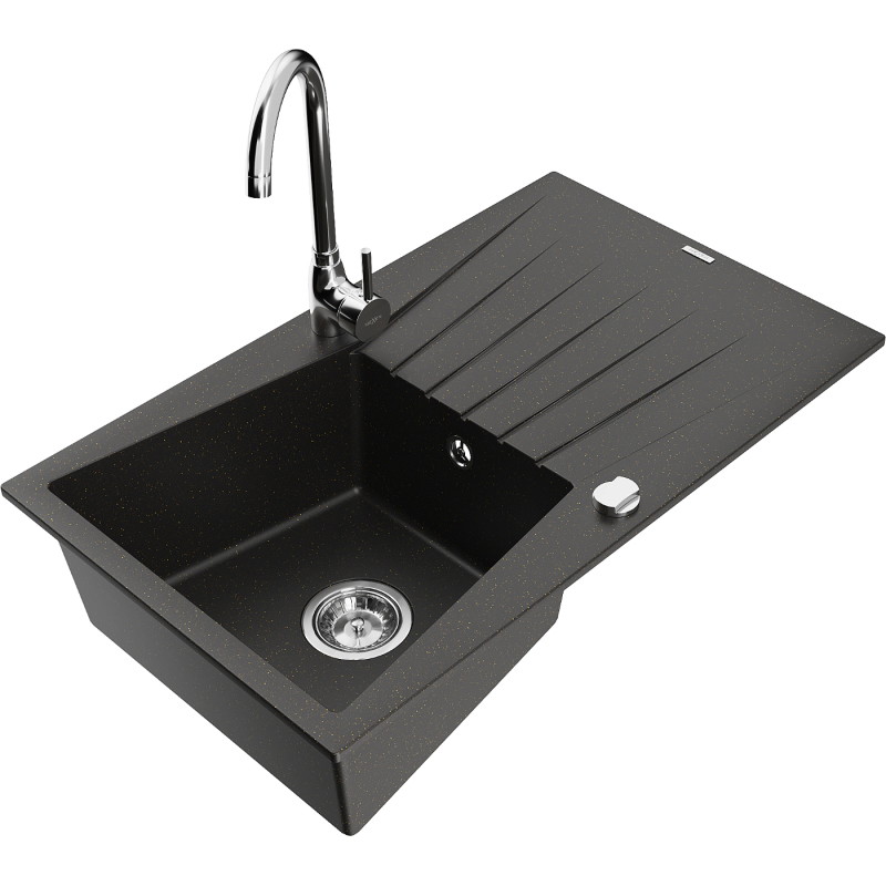 Mexen Cesar fregadero de granito de 1 compartimento con escurridor y grifo de cocina Telma, negro/dorado - 6514-75-670200-00