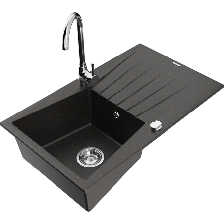 Mexen Cesar granitē izlietne ar 1 nodalījumu un noteces vietu, ar Telma virtuves maisītāju, melns/zelts - 6514-75-670200-00