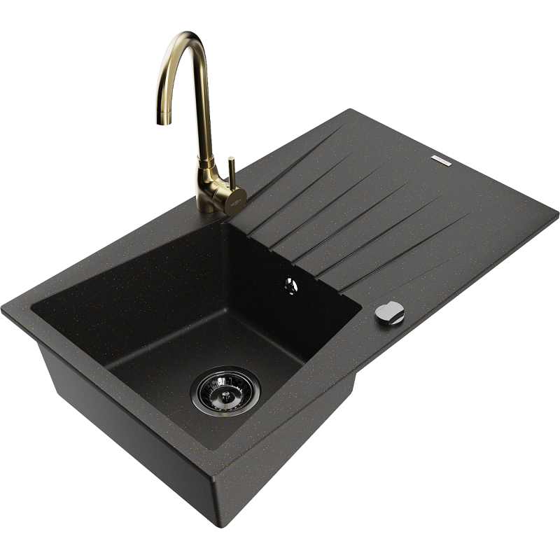 Mexen Cesar granieten gootsteen 1-komor met afdruiprek en keukenmengkraan Telma, zwart/goud - 6514-75-670200-50-B