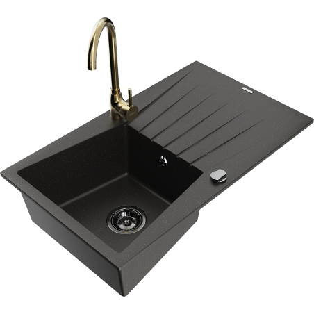 Mexen Cesar granite sink 1-bowl with drainer and Telma kitchen tap, black/gold - 6514-75-670200-50-B