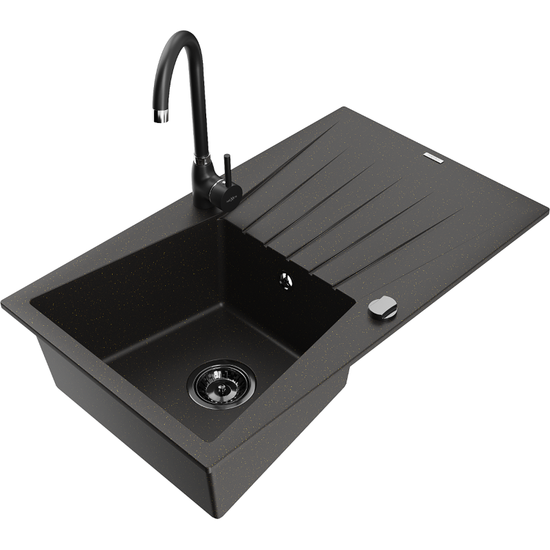Mexen Cesar 1-compartment granite sink with a drip tray and kitchen mixer tap Telma, Black/Gold - 6514-75-670200-70-B