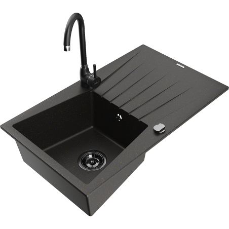 Mexen Cesar 1-compartment granite sink with a drip tray and kitchen mixer tap Telma, Black/Gold - 6514-75-670200-70-B