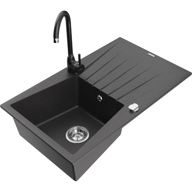 Mexen Cesar fregadero de granito de 1 compartimento con escurridor y grifo de cocina Telma, negro moteado - 6514-76-670200-70