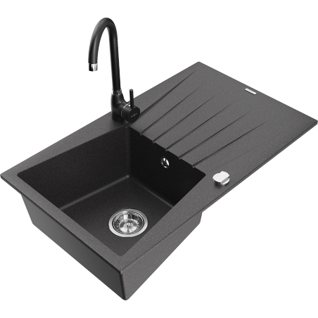 Mexen Cesar fregadero de granito de 1 compartimento con escurridor y grifo de cocina Telma, negro moteado - 6514-76-670200-70