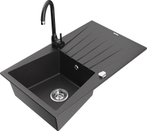 Mexen Cesar granite sink 1-bowl with drainer and Telma kitchen tap, black speckled - 6514-76-670200-70