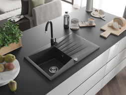 Mexen Cesar fregadero de granito de 1 cámara con escurridor y grifo de cocina Telma, negro moteado - 6514-76-670200-70