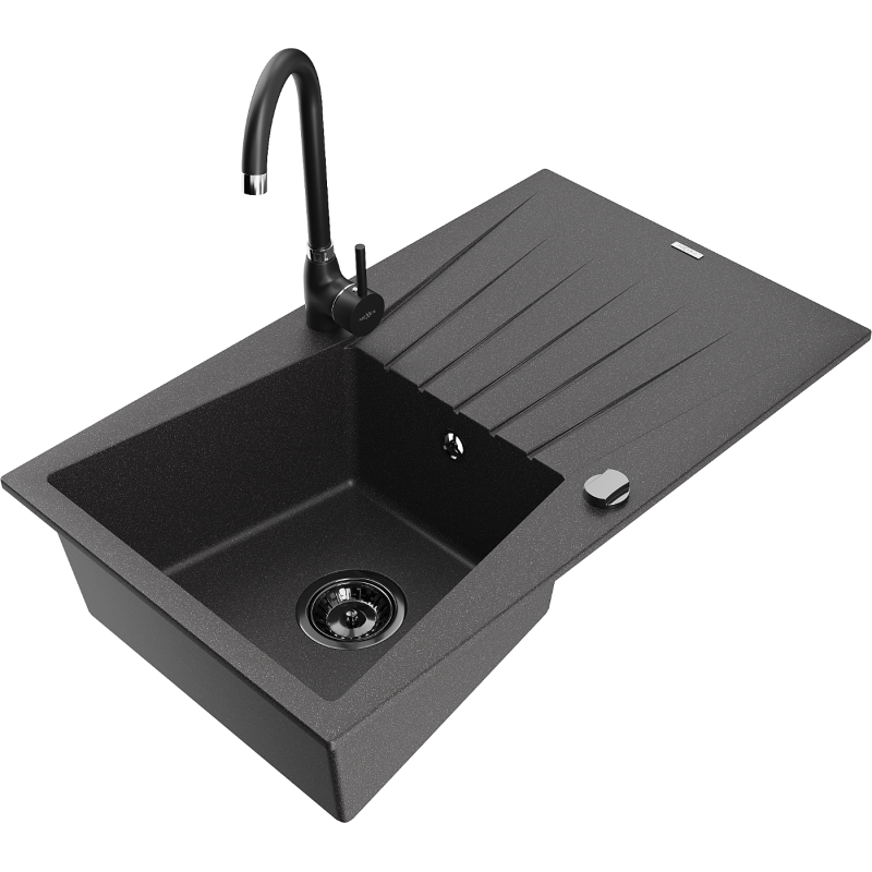 Mexen Cesar granite sink 1-bowl with drainer and Telma kitchen tap, black speckled - 6514-76-670200-70-B