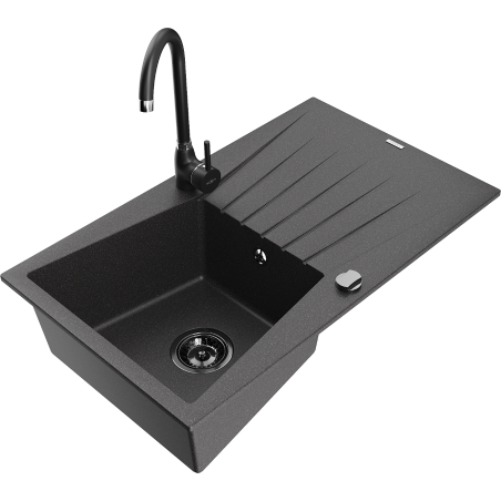 Mexen Cesar fregadero de granito de 1 cámara con escurridor y grifo de cocina Telma, negro moteado - 6514-76-670200-70-B