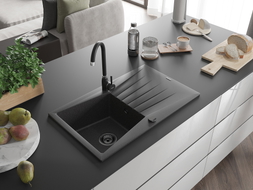 Mexen Cesar granitni sudoper s 1 komorom s ocjedilom i kuhinjskom slavinom Telma, crno s točkicama - 6514-76-670200-70-B