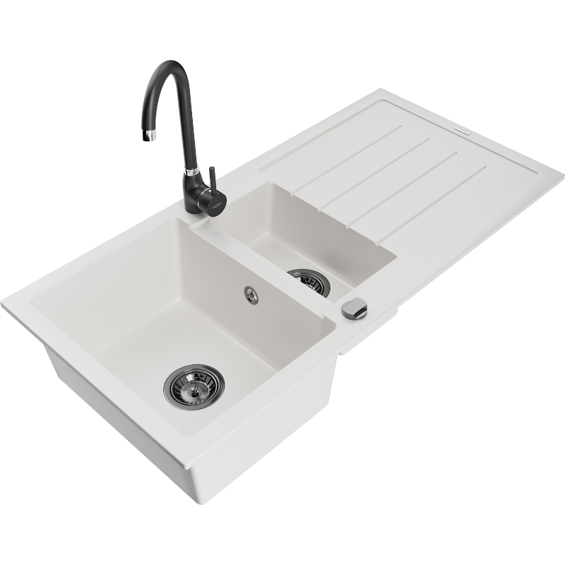 Mexen Andres fregadero de granito 1,5-comparte con escurridor y grifo de cocina Telma, blanco - 6515-20-670200-70