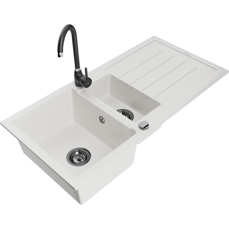 Mexen Andres fregadero de granito 1,5 senos con escurridor y grifo de cocina Telma, blanco - 6515-20-670200-70