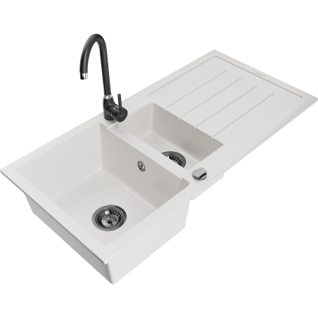 Mexen Andres 1.5-bowl granite sink with drainer and Telma kitchen tap, white - 6515-20-670200-70