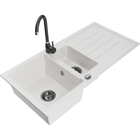 Mexen Andres granieten gootsteen 1,5-komor met afdruiprek en keukenkraan Telma, wit - 6515-20-670200-70