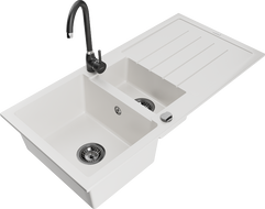 Mexen Andres 1.5-bowl granite sink with drainer and Telma kitchen tap, white - 6515-20-670200-70