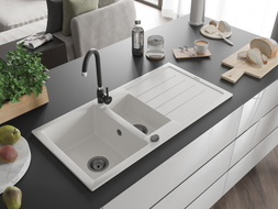 Mexen Andres granite sink 1.5-bowl with drainer and Telma kitchen faucet, white - 6515-20-670200-70