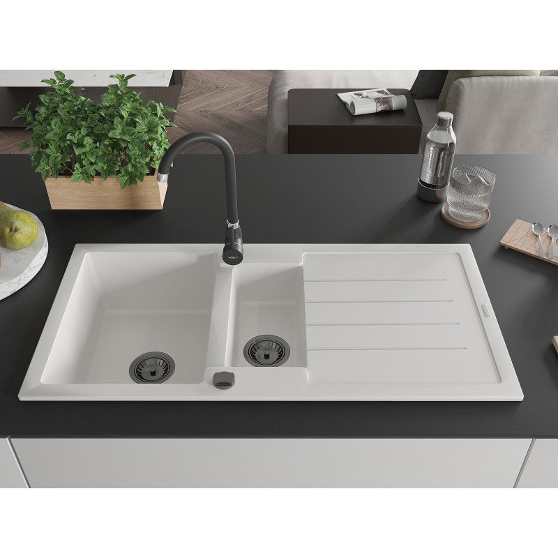 Mexen Andres granitesche Spullsteen mat 1,5 Schoss mat Oflaaf an Kichekraan Telma, wäiss - 6515-20-670200-70