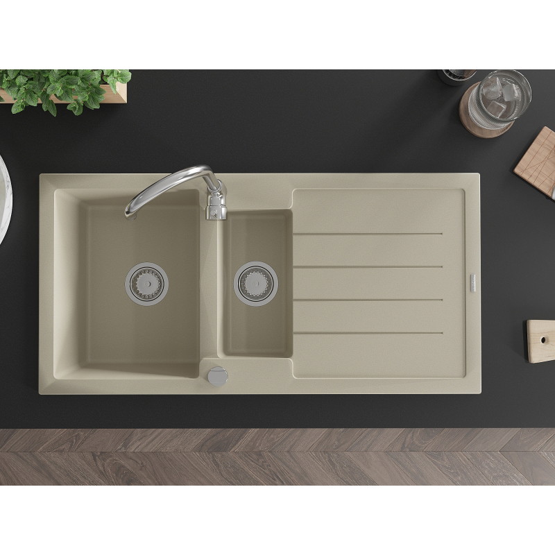 Mexen Andres 1,5-komorige granieten gootsteen met afdruiprek en keukenkraan Telma, beige - 6515-69-670200-00