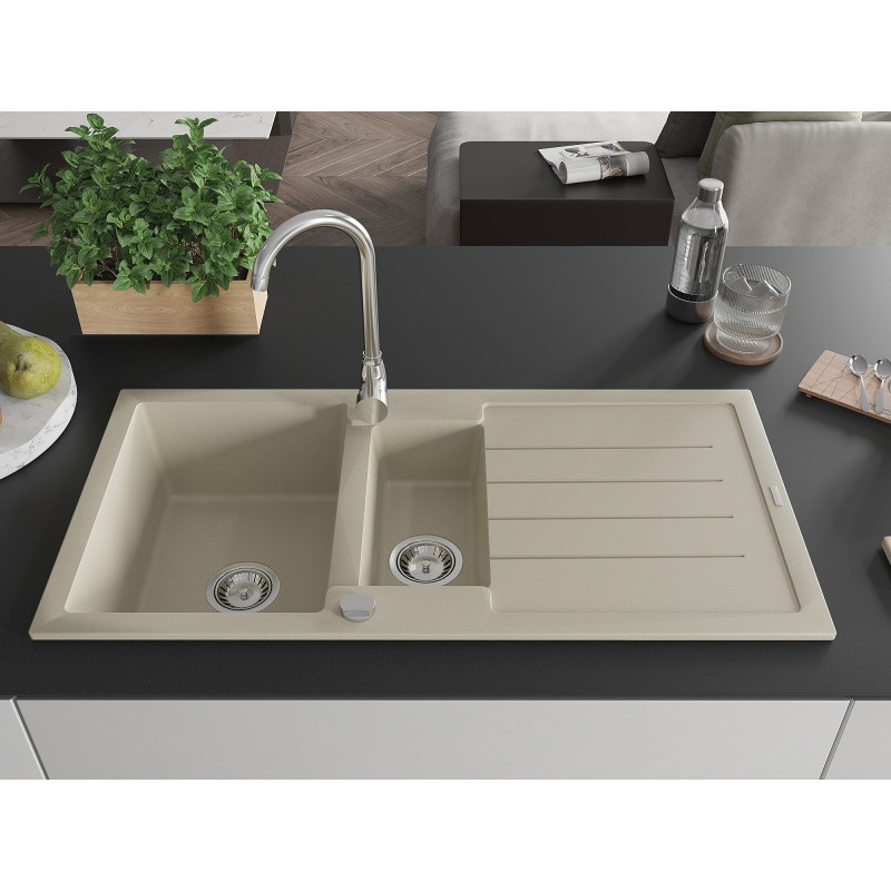 Mexen Andres granitspüle 1,5-beckig mit abtropffläche und küchenarmatur Telma, beige - 6515-69-670200-00