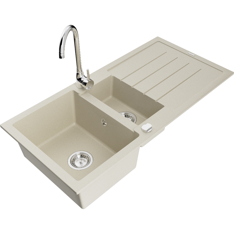 Mexen Andres évier en granit 1,5 bac avec égouttoir et robinet de cuisine Telma, beige - 6515-69-670200-00