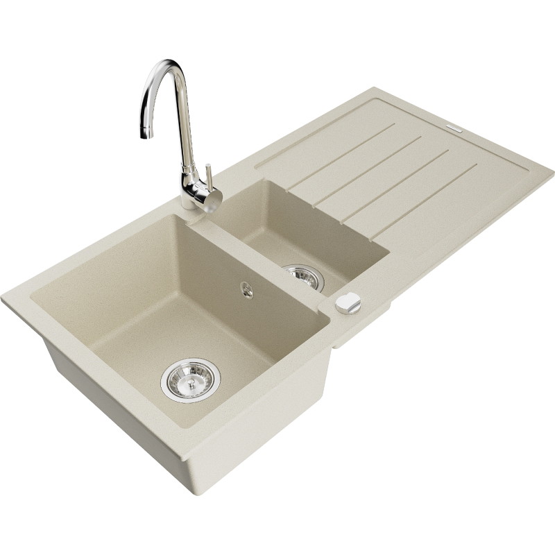 Mexen Andres fregadero de granito de 1,5 senos con escurridor y grifo de cocina Telma, beige - 6515-69-670200-00