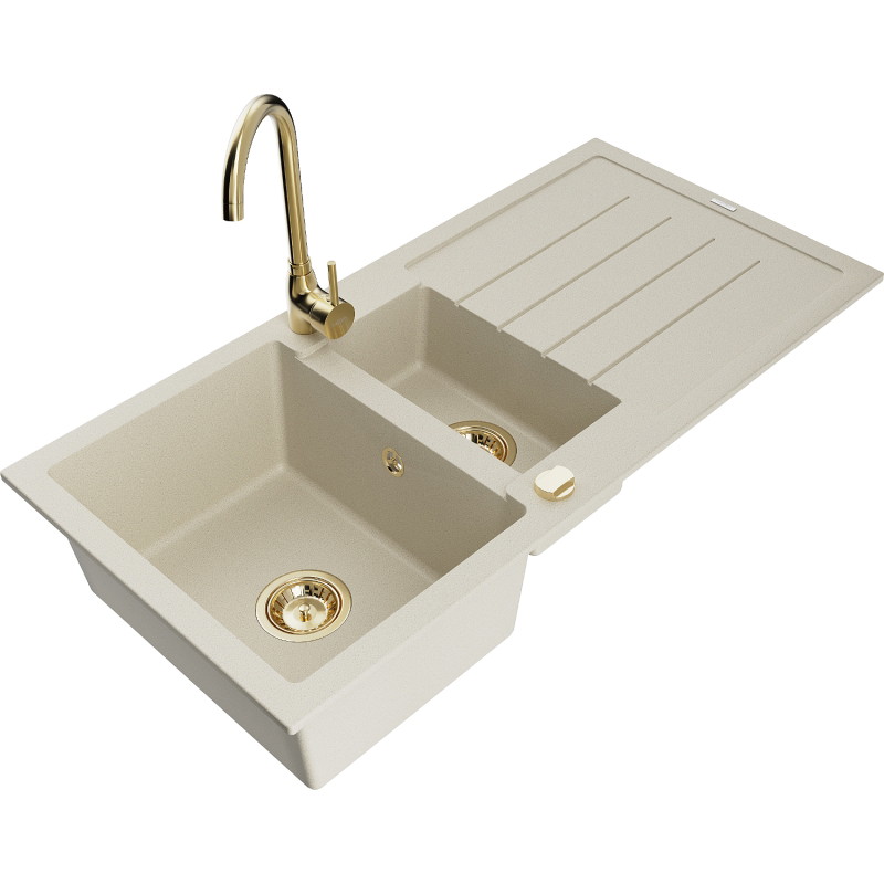 Mexen Andres évier en granit 1,5 bassins avec égouttoir et robinet de cuisine Telma, beige - 6515-69-670200-50