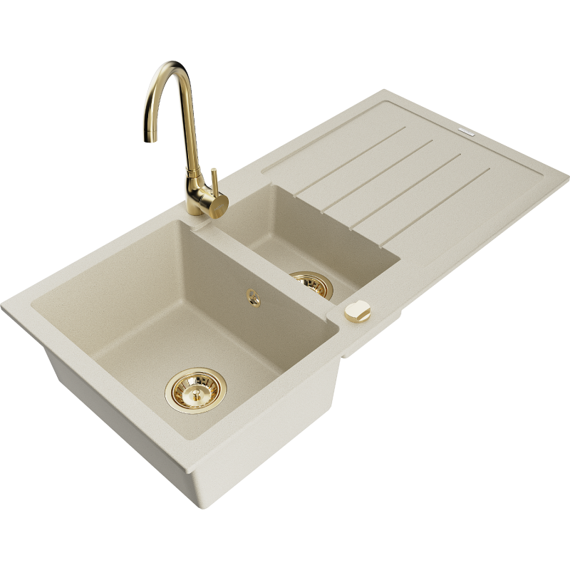 Mexen Andres Granitspüle 1,5-Mulden mit Abtropffläche und Küchenarmatur Telma, beige - 6515-69-670200-50