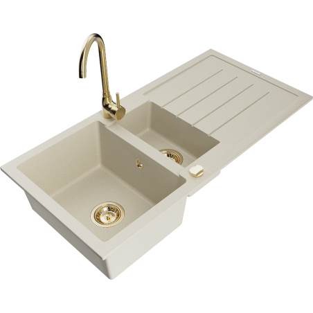 Mexen Andres granieten spoelbak 1,5-komorige met afdruiprek en keukenkraan Telma, beige - 6515-69-670200-50