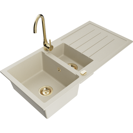 Mexen Andres Granitspüle 1,5-Mulden mit Abtropffläche und Küchenarmatur Telma, beige - 6515-69-670200-50