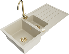 Mexen Andres granieten spoelbak 1,5-komorige met afdruiprek en keukenkraan Telma, beige - 6515-69-670200-50