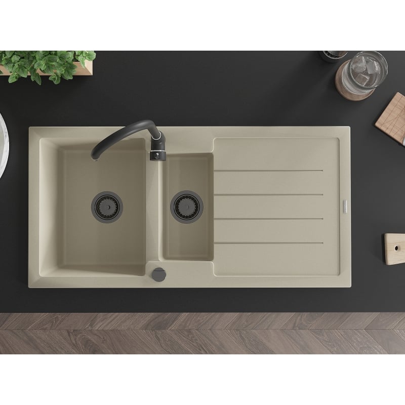 Mexen Andres 1,5-bak granieten gootsteen met afdruiprek en Telma keukenkraan, beige - 6515-69-670200-70