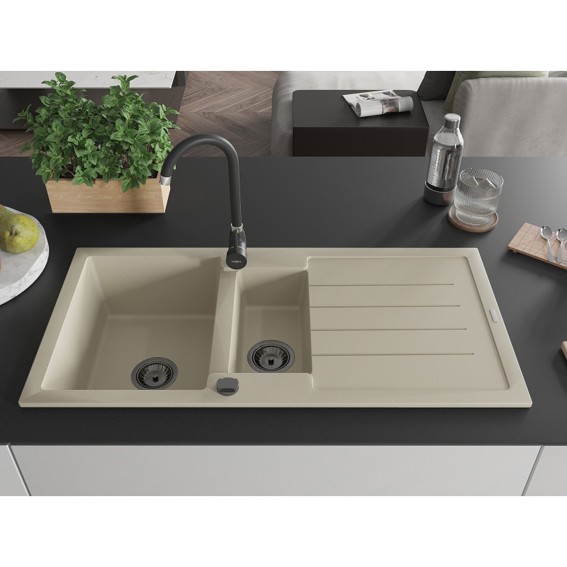 Mexen Andres granitische 1,5-komervaatwasser met afdruiprek en keukenkraan Telma, beige - 6515-69-670200-70