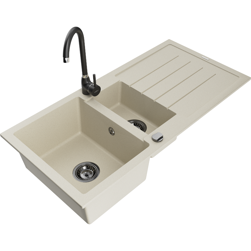 Mexen Andres fregadero de granito de 1,5 senos con escurridor y grifo de cocina Telma, beige - 6515-69-670200-70