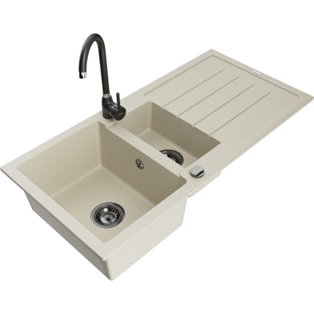 Mexen Andres granieten spoelbak 1,5-komorige met afdruiprek en Telma keukenmengkraan, beige - 6515-69-670200-70