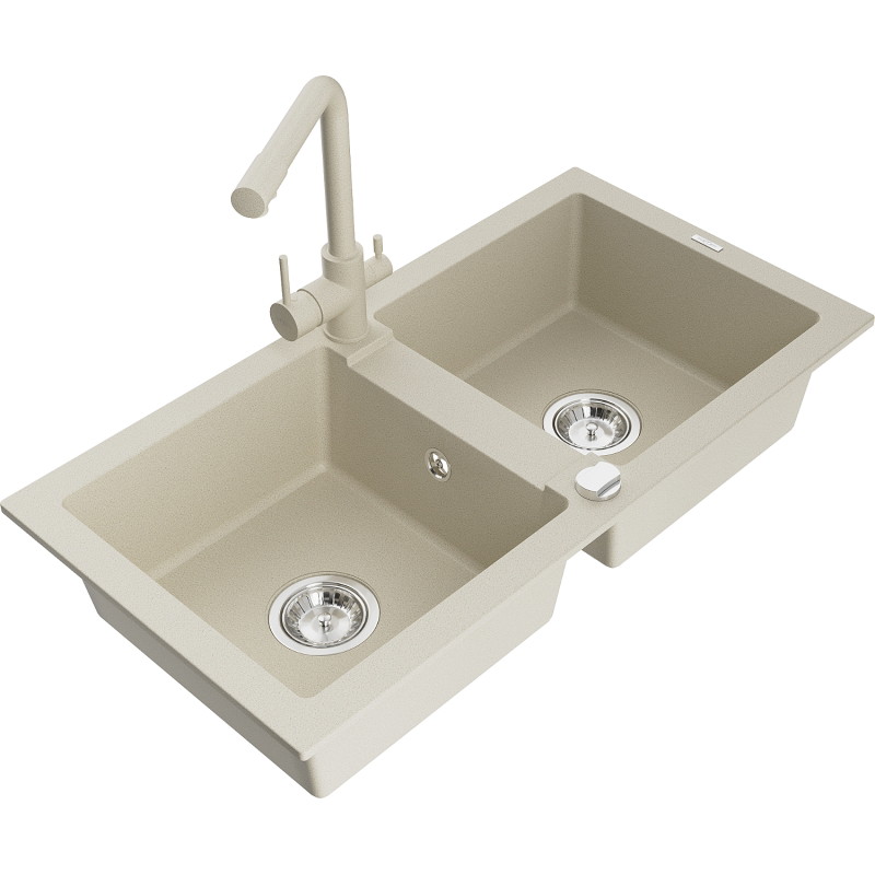 Mexen Mario 2-kamerige granieten spoelbak met keukenkraan Duero, beige - 6504-69-671600-69