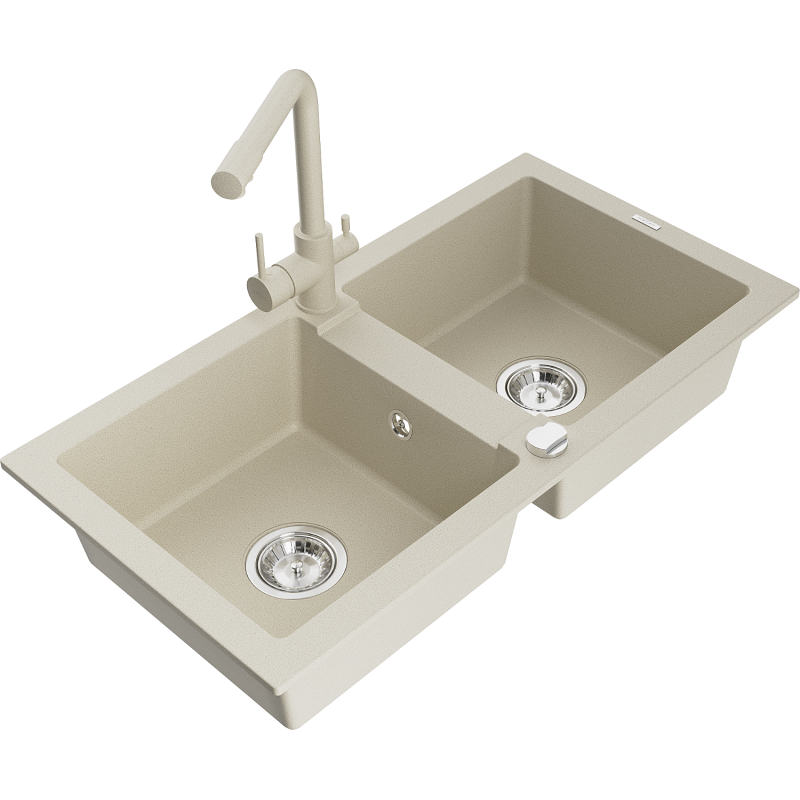 Mexen Mario granite double-bowl sink with Duero kitchen tap, beige - 6504-69-671600-69