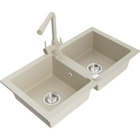 Mexen Mario granite double-bowl sink with Duero kitchen tap, beige - 6504-69-671600-69