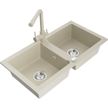 Mexen Mario Granitspüle 2-Kammern mit Küchenarmatur Duero, beige - 6504-69-671600-69