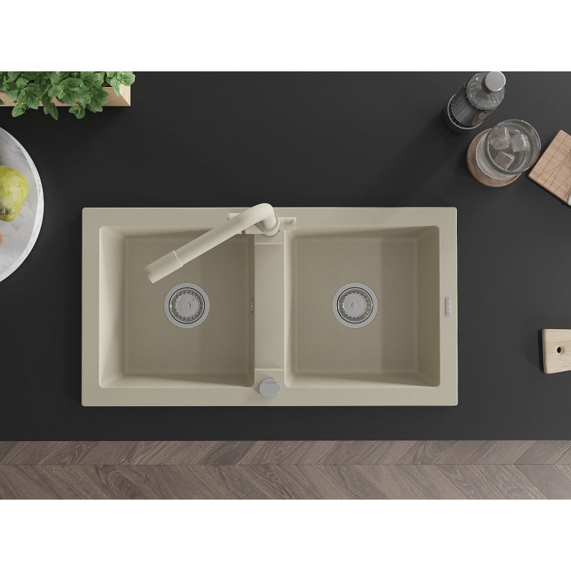 Mexen Mario granite double-bowl sink with Duero kitchen tap, beige - 6504-69-671600-69