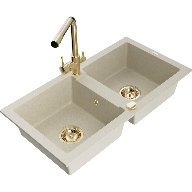 Mexen Mario évier de cuisine en granit 2 bacs avec robinet de cuisine Duero, beige - 6504-69-671600-50