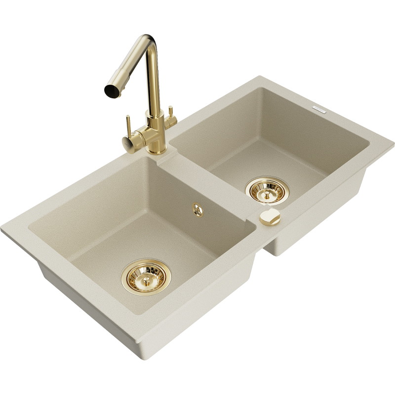 Mexen Mario Évier en granit 2 bacs avec robinet de cuisine Duero, beige - 6504-69-671600-50