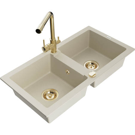 Mexen Mario divpadsmit akmens masas izlietne ar 2 nodalījumiem un virtuvess krānu Duero, bēša - 6504-69-671600-50