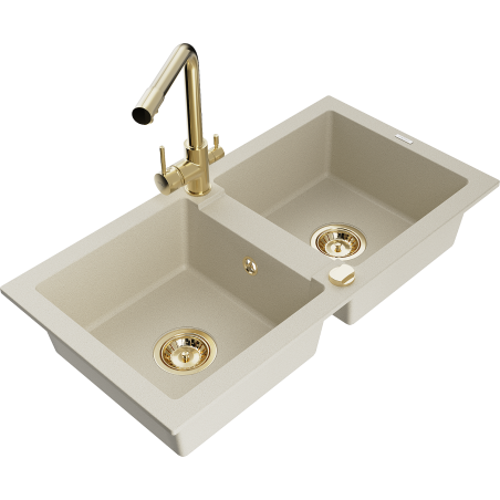Mexen Mario évier de cuisine en granit 2 bacs avec robinet de cuisine Duero, beige - 6504-69-671600-50